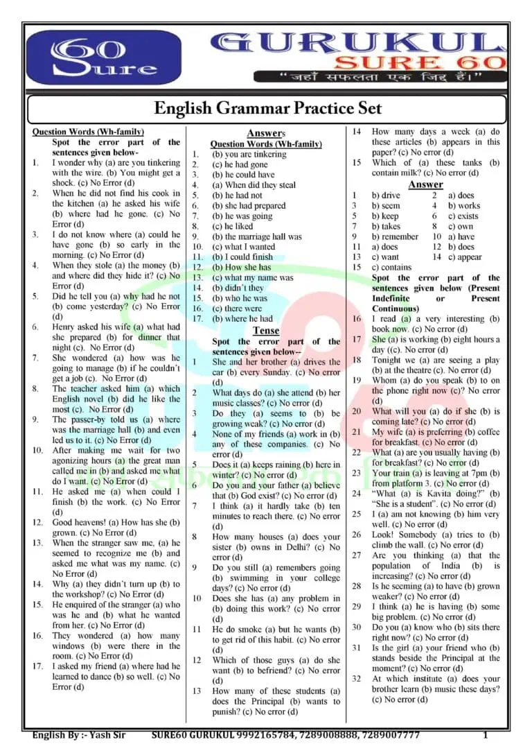 English Grammar Practice Set By yash sir - Gurukul Sure 60