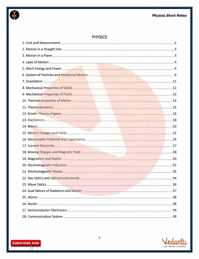 Vedantu Physics Short Notes